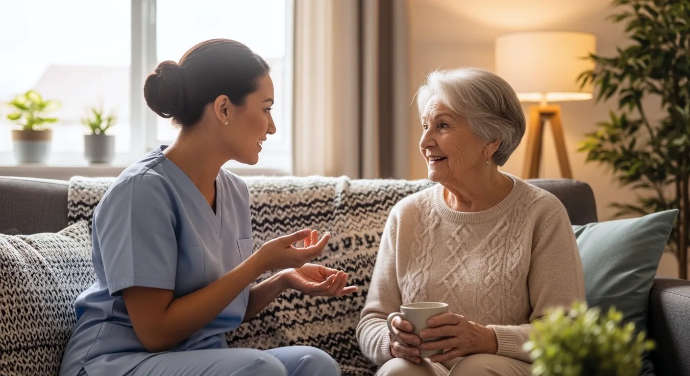 Care worker speaking with an older person during a quality review