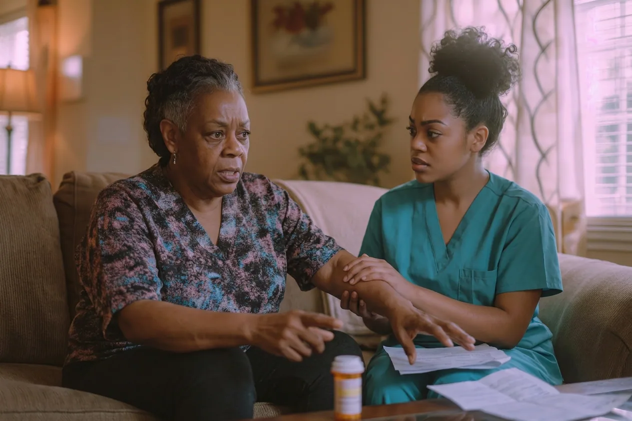 Care worker supporting a person during a risk review